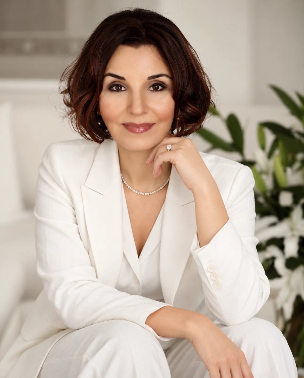 Yıldız Kızılcan, beyaz takım elbiseyle