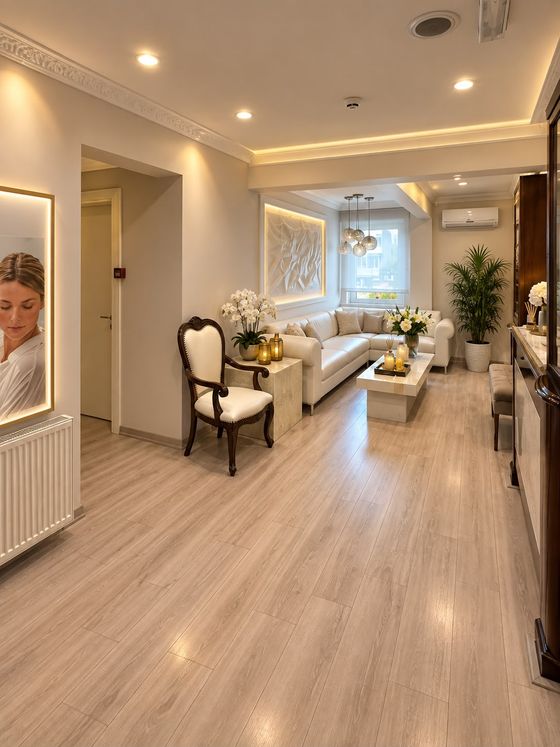 Beyaz köşe koltuklu bekleme salonu ve koridora açılan geçiş